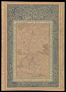 Tinted drawing of a hawk attacking a heron in landscape. From an muraqqa for Muhammad Quli Qutb Shah. Possibly Iran, c. 1550-1600