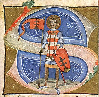 Chronicon Pictum, Hungarian, Hungary, King Stephen, double cross, Hungarian coat of arms, Árpád stripes, medieval, chronicle, book, illumination, illustration, history
