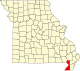 A state map highlighting Dunklin County in the southeastern part of the state.
