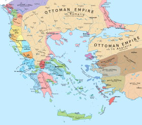Map of western Anatolia, the Aegean, and the southern Balkans, with states marked by different colours, and the main cities of the period and rivers