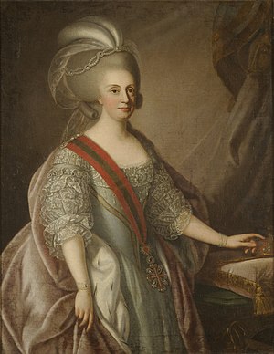 A 1783 portrait of Maria I of Portugal. First known as Maria the Pious, then Maria the Mad, she was Queen of Portugal, Brazil, and the Algarves, though in the last years of her life the governance was handled by others, including her son John. Maria fled to Brazil during the Napoleonic wars, and remained there after Napoleon's defeat. This portrait dates to a few years before her mental disease was noticed.