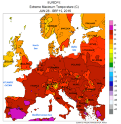 Höchsttemperatur Europa Ende Juni bis Anfang September (lila > +40 °C, dunkelrot Wüstentag > +35 °C, hochrot Hitzetag > +30 °C)