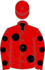 Red, large black spots, black spots on sleeves, red cap