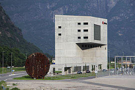 The Pollegio Control Centre (near the south portal) with one of the four used TBM cutter heads on display