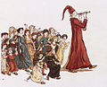 Greenaway's illustration of the Pied Piper leading the children out of Hamelin, to Robert Browning's version of the tale. Engraving by Edmund Evans.