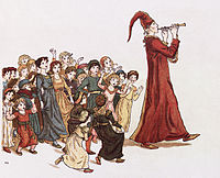 -->The Pied Piper of Hamelin (1888) shows subtle colour squashing on the piper's robe, and the use of cross hatchings to blend colours, characteristics of chromoxylography.[73]