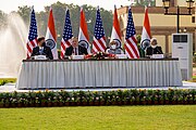 US Defense Secretary Mark Esper, US Secretary of State Mike Pompeo, Indian Defence Minister Rajnath Singh and Indian Minister of External Affairs S. Jaishankar at a joint U.S.-India 2+2 Ministerial Dialogue in October 2020.