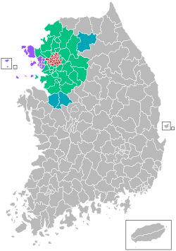 Lage von Sudogwon in Südkorea (rot: Seoul, violett: Incheon, grün: Gyeonggi-do, blau: andere Gebiete)