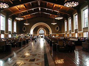 Union Station in Los Angeles (1939) is a mixture of Art Deco, Streamline Moderne, and Spanish Mission Revival