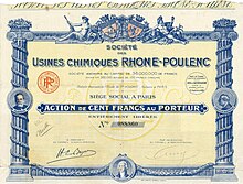 Aktie der Société des Usines Chimiques Rhône-Poulenc über 100 Francs, ausgestellt am 5. September 1928 in Paris, mit Unterschrift von Hippolyte-Eugène Boyer als Vorsitzender des Aufsichtsrats, der bereits seit 1900 Präsident der Société Chimique des Usines du Rhône war