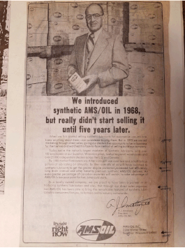 Newspaper ad showing that AMSOIL synthetic motor was commercially available by 1968.