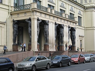 Neoclassical atlantes of the New Hermitage, Saint-Petersburg, Russia, designed by Leo von Klenze and sculpted by Alexandre Terebeniov, 1842—1851