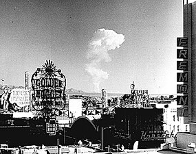 Mushroom cloud over the Nevada Test Site, viewed from downtown Las Vegas