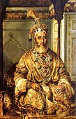 Portrait of Bhadur Shah titled "The Grand Mughal of Delhi" painted by Josef August Schoefft in 1854.