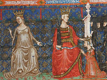 A crowned woman and man, each sitting on a throne