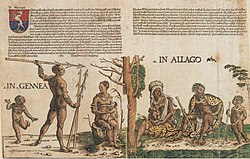 alt=Natives of Guinea and Algoa, 1508, handcolored woodcut, 28.5 X 42.4 cm. Freiherrlich von Welserschen Familienstiftung, Neunhof (artwork in the public domain; photograph copyright Freiherrlich v. Welserschen Familienstiftun