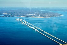 High aerial photo of the bridge spans
