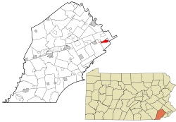 Location of Berwyn in Chester County and of Chester County in Pennsylvania