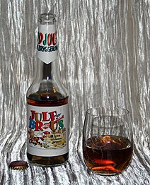 This bottle of julebrus is a seasonal soda consumed during the Christmas season in Norway.