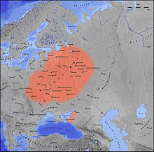Graphische Landkarte von Eurasien mit orange markierter Fläche, die eine ungefähre Position der Kiewer Rus ohne starre Grenzen wiedergibt.