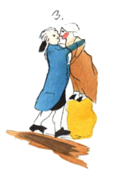 Watercolour of a man in blue clothes embracing a short woman in a brown dress standing on something