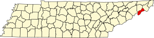 Map of Tennessee highlighting Unicoi County