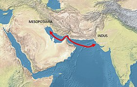 a colored map showing Mesopotamia and the Indus Valley