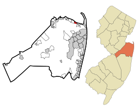 Location of Leonardo in Monmouth County highlighted in red (left). Inset map: Location of Monmouth County in New Jersey highlighted in orange (right).
