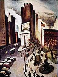 In 1920, the American artist Thomas Hart Benton depicted the Seward statue, the Eternal Light flagpole, and the Worth obelisk in his painting New York, Early Twenties.