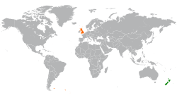 Map indicating locations of New Zealand and United Kingdom
