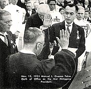 Quezon taking the Oath of Office at his Inauguration at the Legislative Building on November 15, 1935