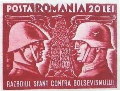 Image 701941 stamp depicting a Romanian and a German soldier in reference to the two countries' common participation in Operation Barbarossa. The text below reads the holy war against Bolshevism. (from History of Romania)