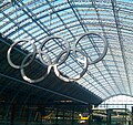 Large Olympics logos were installed at London landmarks including St Pancras Station (shown here) and Tower Bridge.