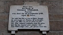 Wall monument to Thomas Worlidge in St Paul's Church, Hammersmith, London UK