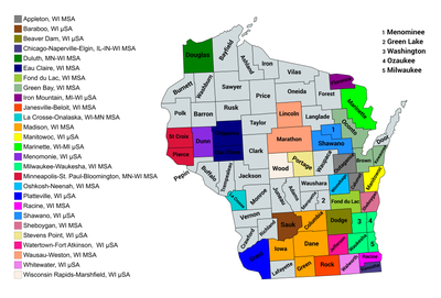 Map of the 27 core-based statistical areas in Wisconsin.