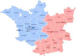 Map of Brandenburg highlighting the former Regierungsbezirk of Frankfurt (in red)