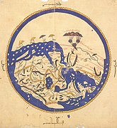 Arabische Weltkarte, 12. Jh. (Süden ist oben): Aus einem Gebirge (oben) werden zwei Quellflüsse gespeist, die zwei Seen durchfließen und sich in einem dritten See zum Nil vereinigen.