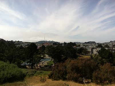 View down to McNab Lake and Louis Sutter Playground, with Sutro Tower in the background.