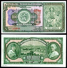 Mucha-designed artwork on a 1920 Czechoslovak Republic 100 Czechoslovak korun note