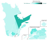 Bloc Quebecois: ﻿unter 10 % ﻿10–19 % ﻿20–29 % ﻿30–39 % ﻿40–49 % ﻿50–59 % ﻿60–69 % ﻿mehr als 70 %