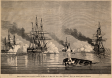 Four ships, cloaked in the smoke from their guns firing, battle each other. A small boat, half submerged, sinks in the foreground.