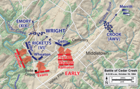 map showing Confederate attack against Union VI Corps west of Middletown