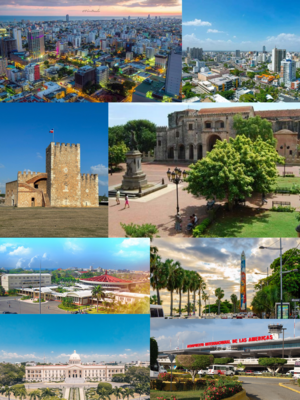 From top to bottom, from left to right: Panoramic Image of the City, Fortaleza Ozama, Parque a Colón, Autonomous University of Santo Domingo (UASD), Obelisk of George Washington Avenue (the Malecón), The National Palace of the Dominican Republic, Las Américas International Airport.