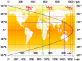 Image 39Plot of latitude versus tangential speed. The dashed line shows the Kennedy Space Center example. The dot-dash line denotes typical airliner cruise speed. (from Earth's rotation)