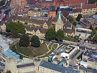 Aerial view showing Nuffield College and Castle Mound at centre left