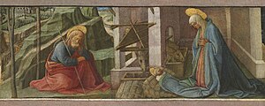 A baby with a halo around his head lying on hay with a kneeling woman and man on his both sides
