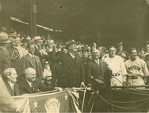 President Franklin D. Roosevelt throwing out the first pitch on Opening Day at Griffith Stadium