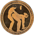 Image 2A prostitute and her customer illustrated on an ancient Greek wine cup; the act of prostitution is indicated by the coin purse above the figures. (from Prostitution)