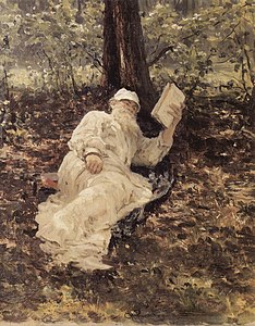 Tolstoy reading under a tree in the forest, Tretyakov Gallery Moscow (1891)