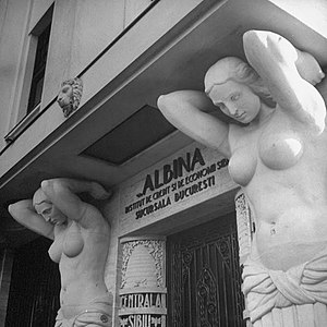 Art Deco caryatids on Banca Albina (Strada Edgar Quinet no. 6), Bucharest, unknown architect or sculptor, c.1930